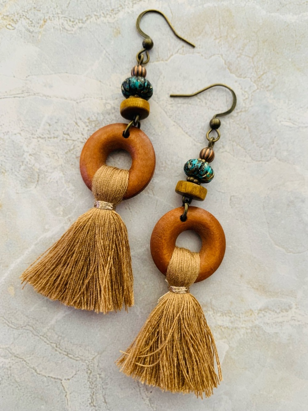 Boho Tassel Drop Earrings in Tan and Turquoise